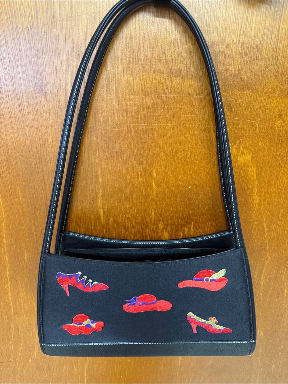 Black Embroidered Shoulder Bag with Red Accent Motifs